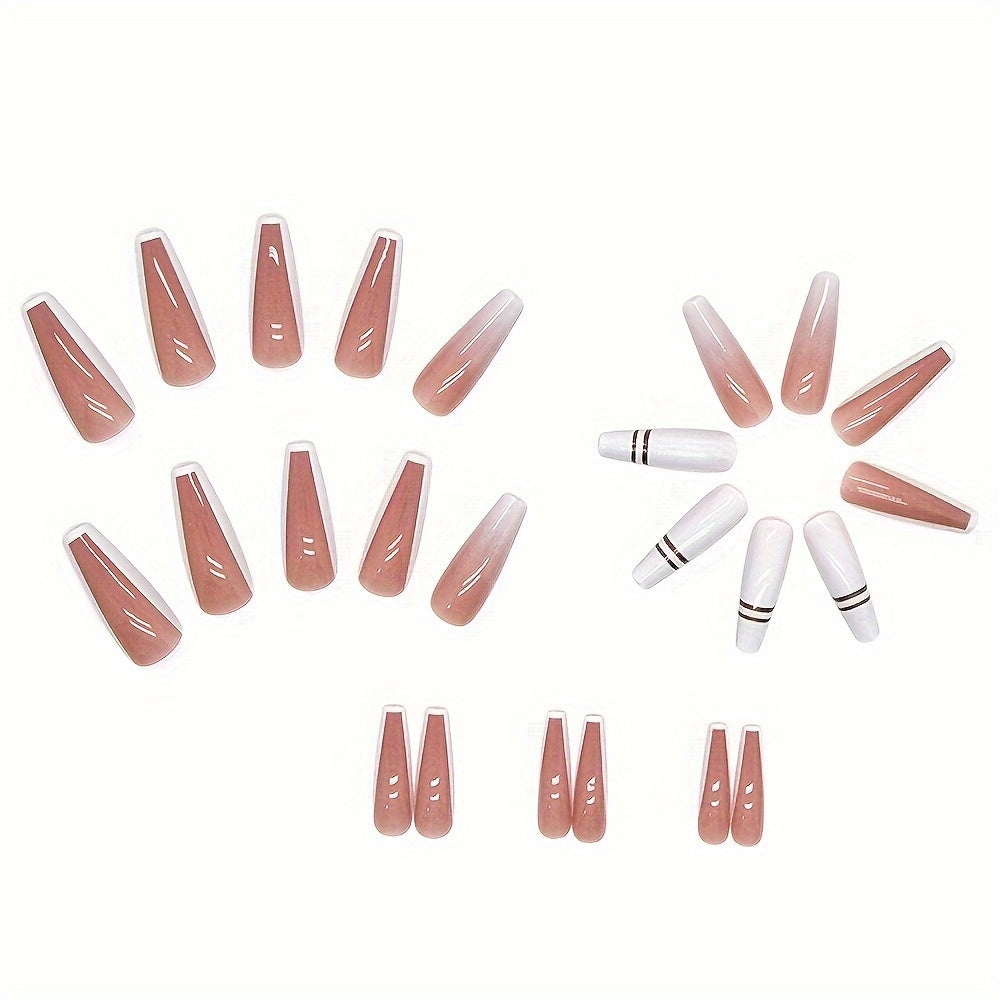Show Your Beauty 24pcs of Medium Ballet Nails Simple and Elegant White Edge French Golden Stripes Bright White False Nails Fashionable Wearable Nails Suitable for Women and Girls Removable Press-on Nail Set with Jelly Glue an